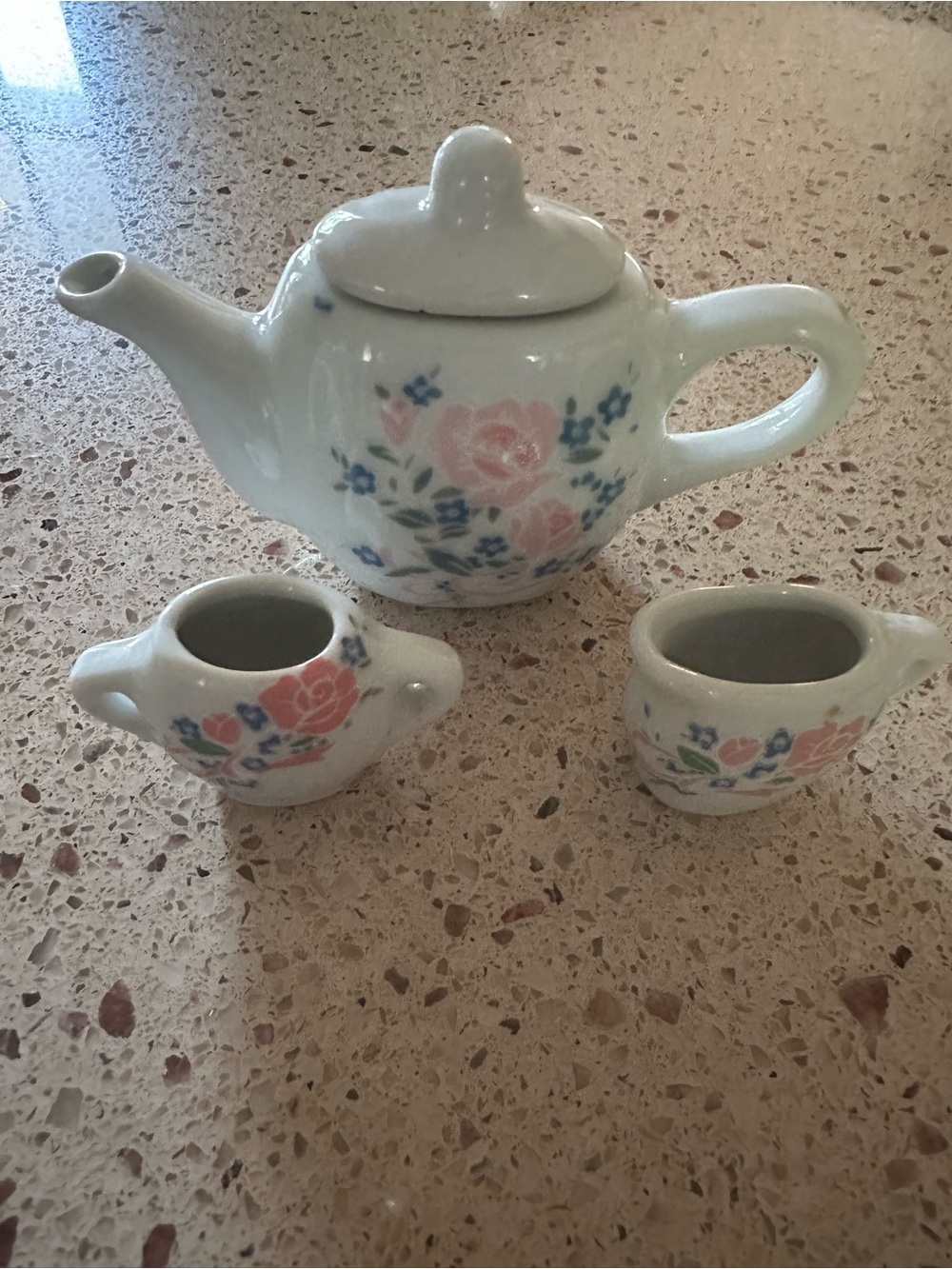 White Ceramic Mini Teapot Set with Pink Rose Floral Pattern